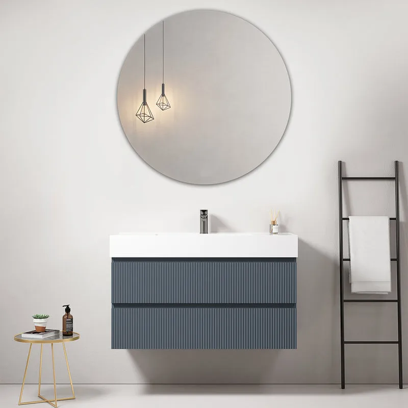 Mobile bagno sospeso cannettato 100 cm Blu Mare Lavabo in Resina Specchio Tondo - Fiji Paint