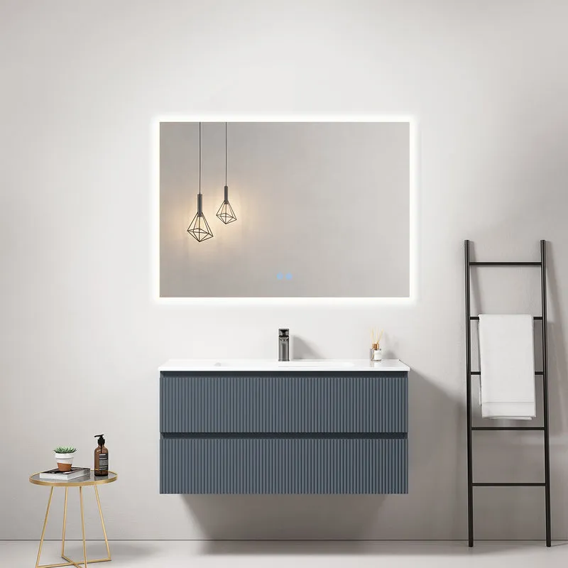 Mobile bagno sospeso cannettato 100 cm Blu Mare Lavabo in Ceramica Specchio Quadro Retroilluminato - Fiji Paint