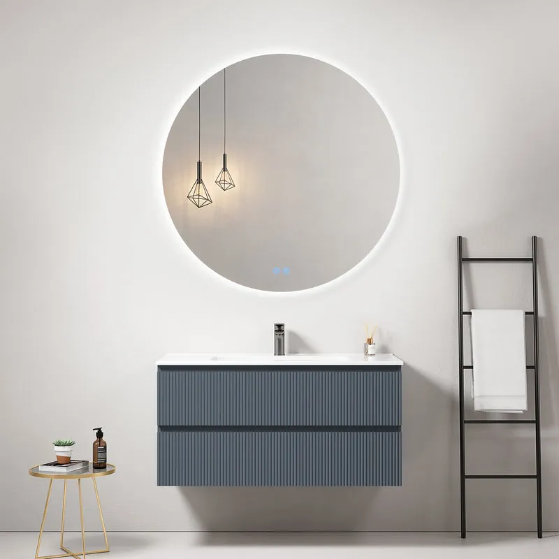 Mobile bagno sospeso cannettato 100 cm Blu Mare Lavabo in Ceramica Specchio Tondo Retroilluminato - Fiji Paint