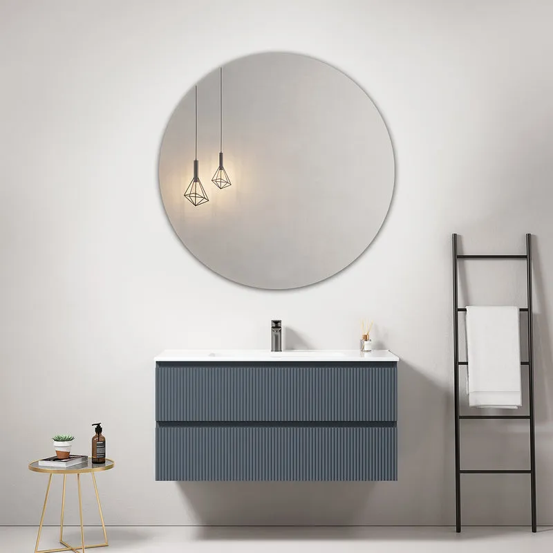 Mobile bagno sospeso cannettato 100 cm Blu Mare Lavabo in Ceramica Specchio Tondo - Fiji Paint