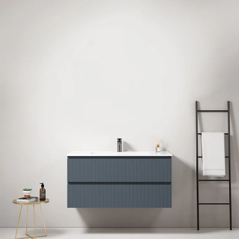 Mobile bagno sospeso cannettato 100 cm Blu Mare Lavabo in Ceramica Senza Specchio - Fiji Paint
