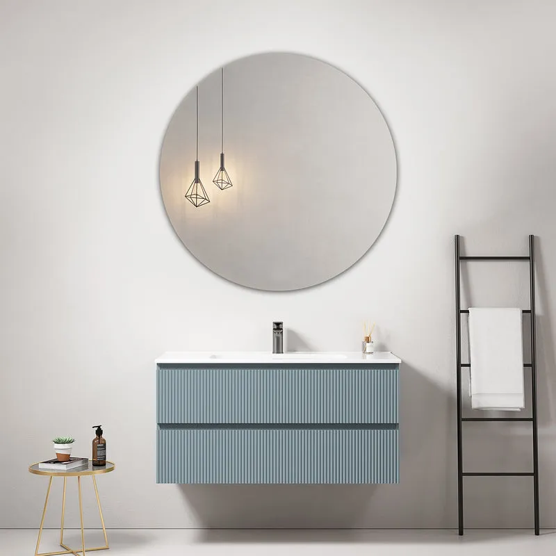 Mobile bagno sospeso cannettato 100 cm Blu Avio Lavabo in Ceramica Specchio Tondo - Fiji Paint