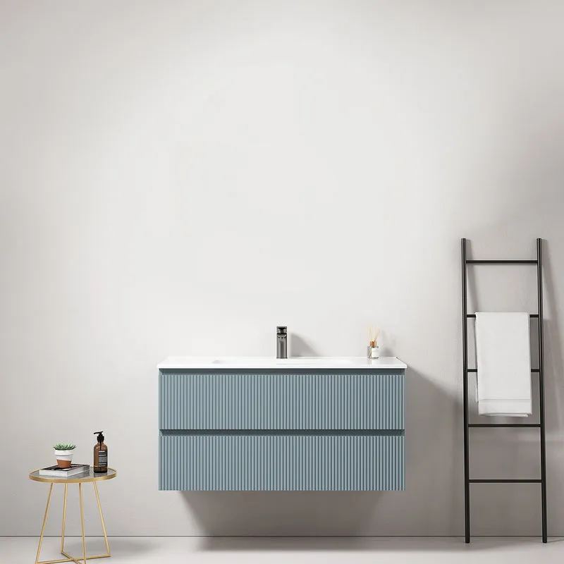 Mobile bagno sospeso cannettato 100 cm Blu Avio Lavabo in Ceramica Senza Specchio - Fiji Paint