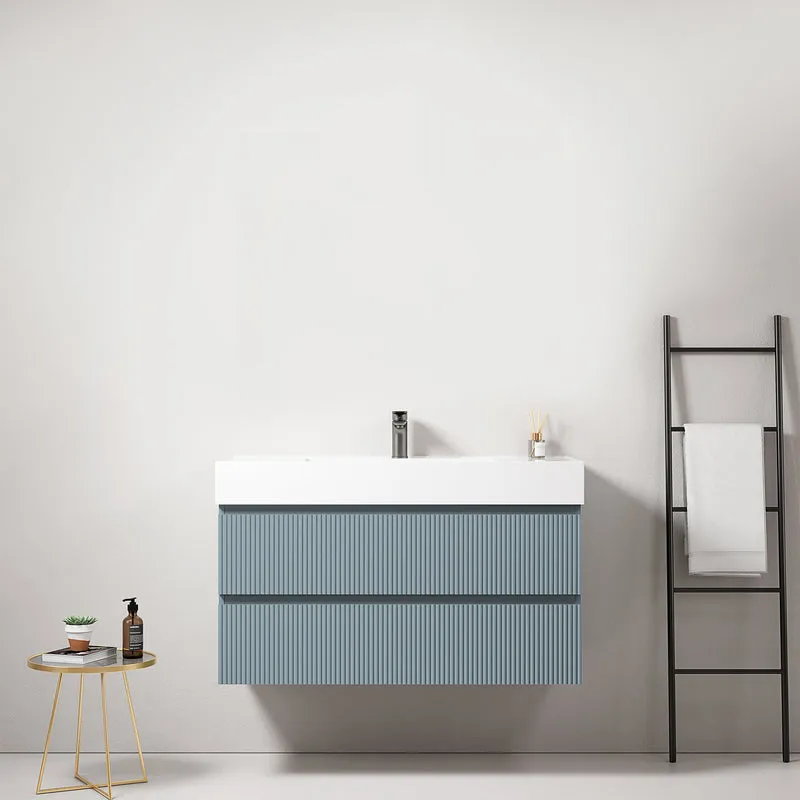 Mobile bagno sospeso cannettato 100 cm Blu Avio Lavabo in Resina Senza Specchio - Fiji Paint