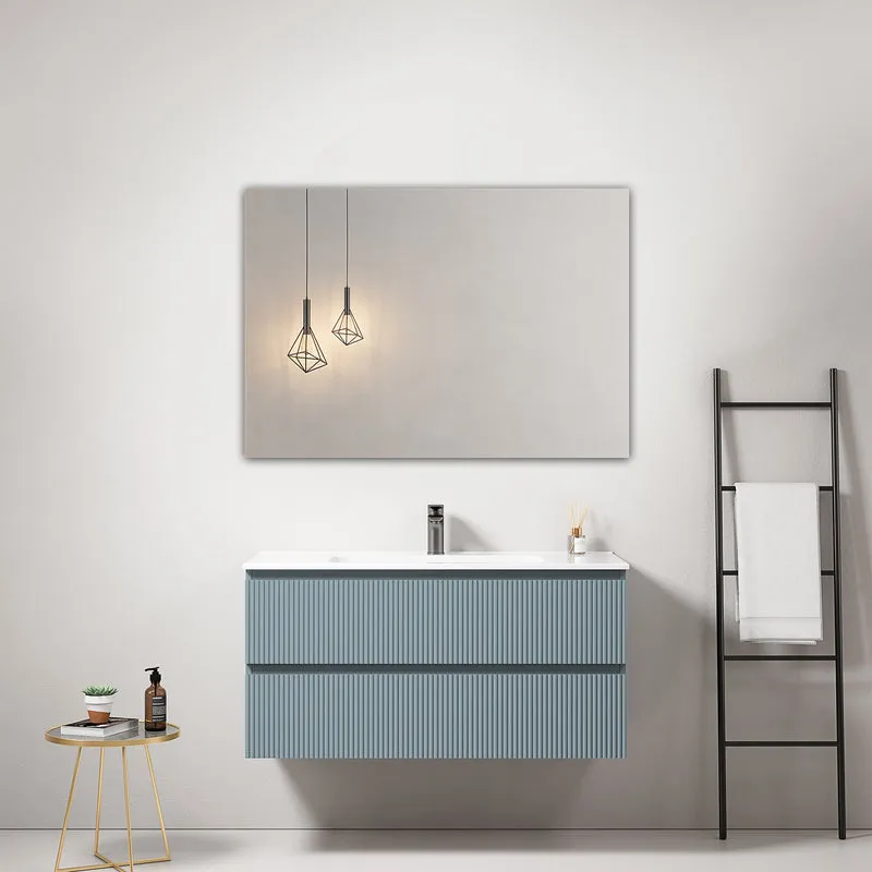 Mobile bagno sospeso cannettato 100 cm Blu Avio Lavabo in Ceramica Specchio Quadro - Fiji Paint