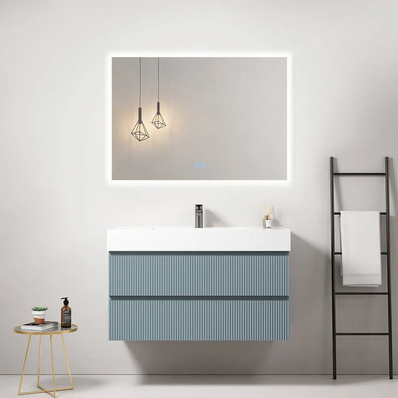 Mobile bagno sospeso cannettato 100 cm Blu Avio Lavabo in Resina Specchio Quadro Retroilluminato - Fiji Paint