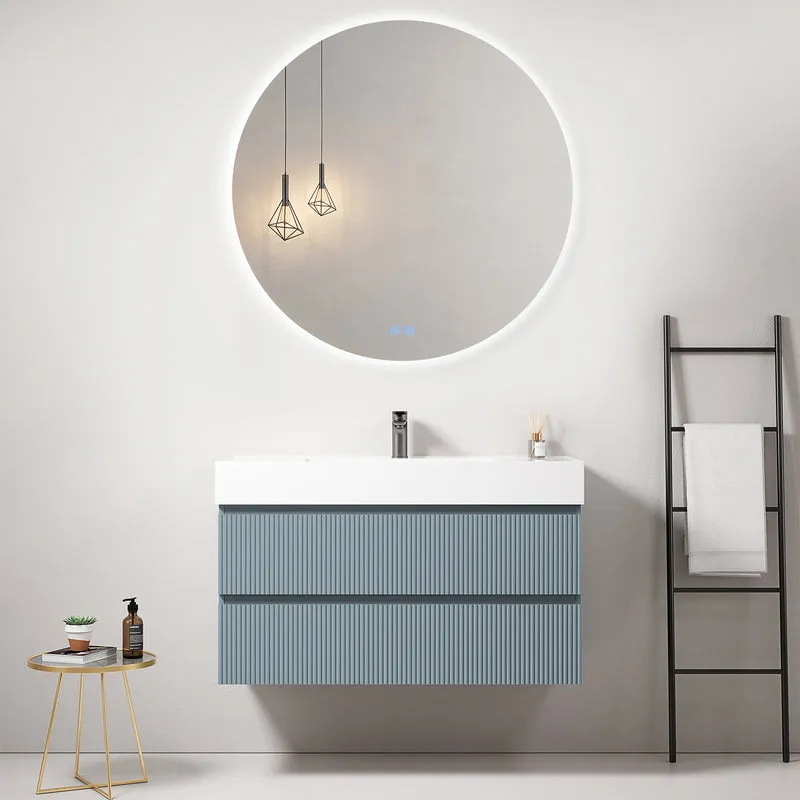 Mobile bagno sospeso cannettato 100 cm Blu Avio Lavabo in Resina Specchio Tondo Retroilluminato - Fiji Paint