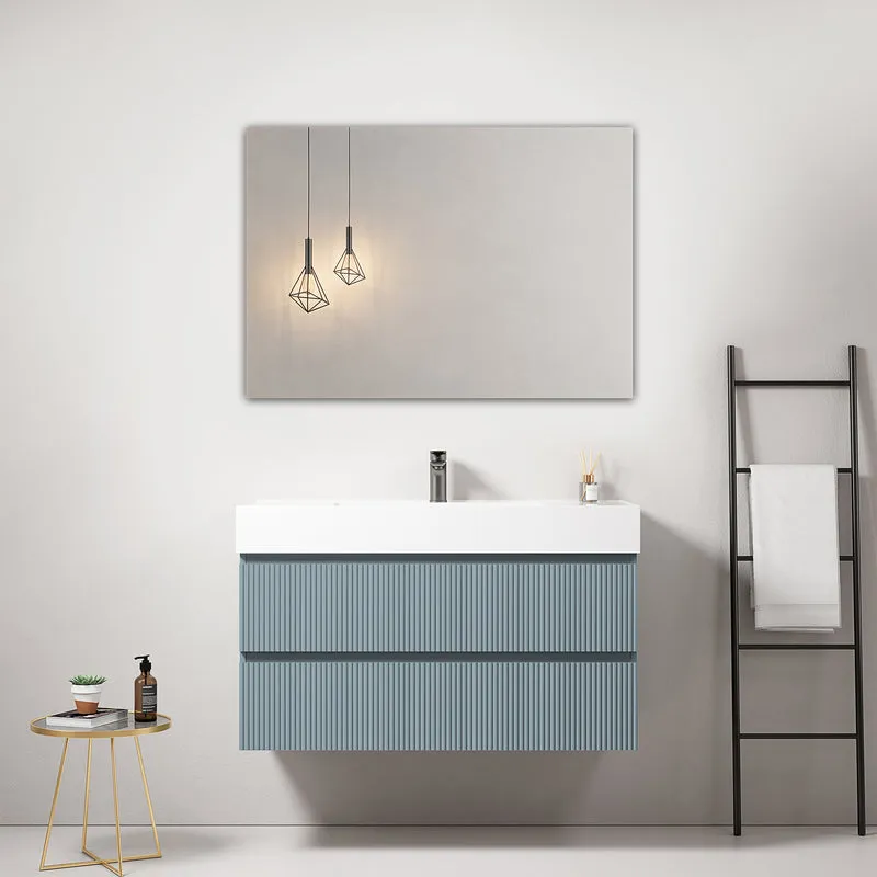 Mobile bagno sospeso cannettato 100 cm Blu Avio Lavabo in Resina Specchio Quadro - Fiji Paint