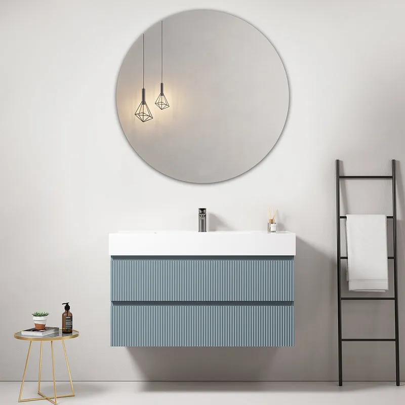Mobile bagno sospeso cannettato 100 cm Blu Avio Lavabo in Resina Specchio Tondo - Fiji Paint