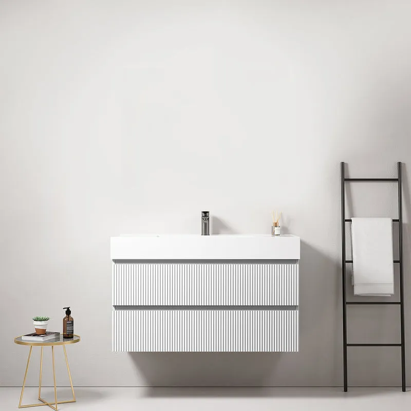 Mobile bagno sospeso cannettato 100 cm Bianco Lavabo in Resina Senza Specchio - Fiji Paint