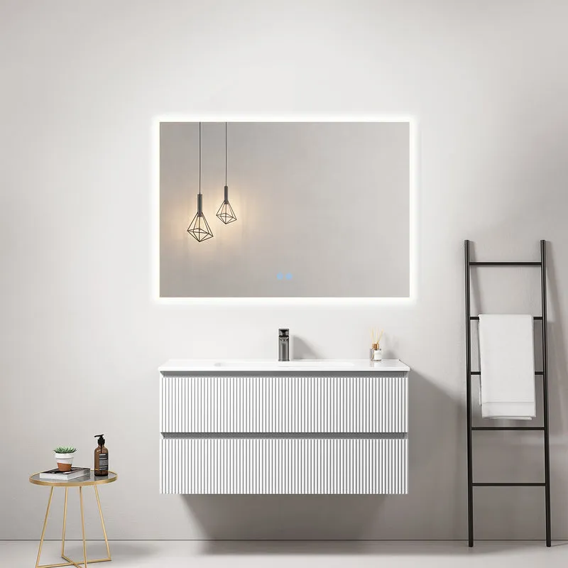 Mobile bagno sospeso cannettato 100 cm Bianco Lavabo in Ceramica Specchio Quadro Retroilluminato - Fiji Paint
