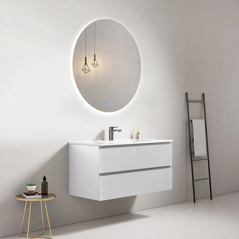 Mobile bagno sospeso cannettato 100 cm Bianco Lavabo in Ceramica Specchio Tondo Retroilluminato - Fiji Paint