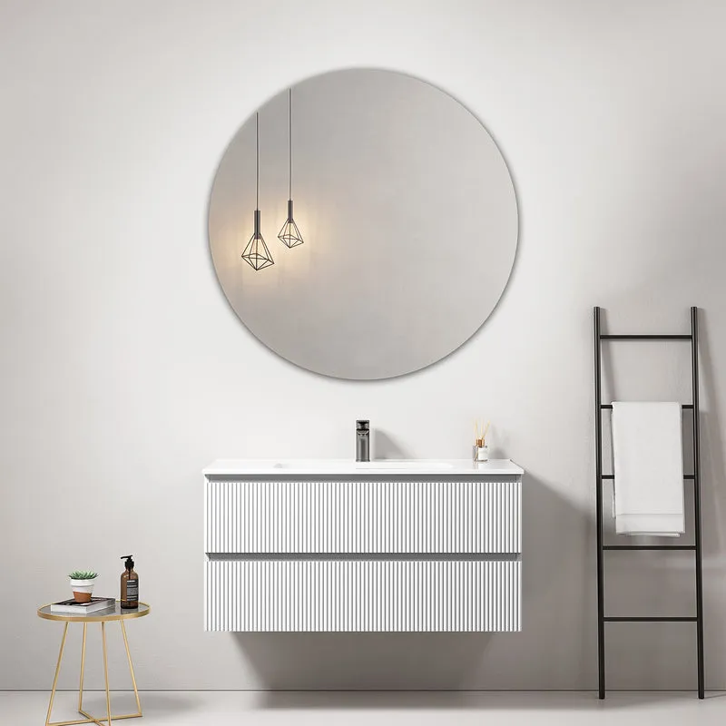Mobile bagno sospeso cannettato 100 cm Bianco Lavabo in Ceramica Specchio Tondo - Fiji Paint