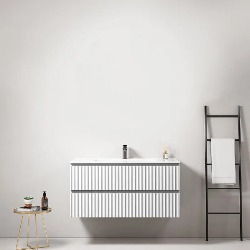 Mobile bagno sospeso cannettato 100 cm Bianco Lavabo in Ceramica Senza Specchio - Fiji Paint