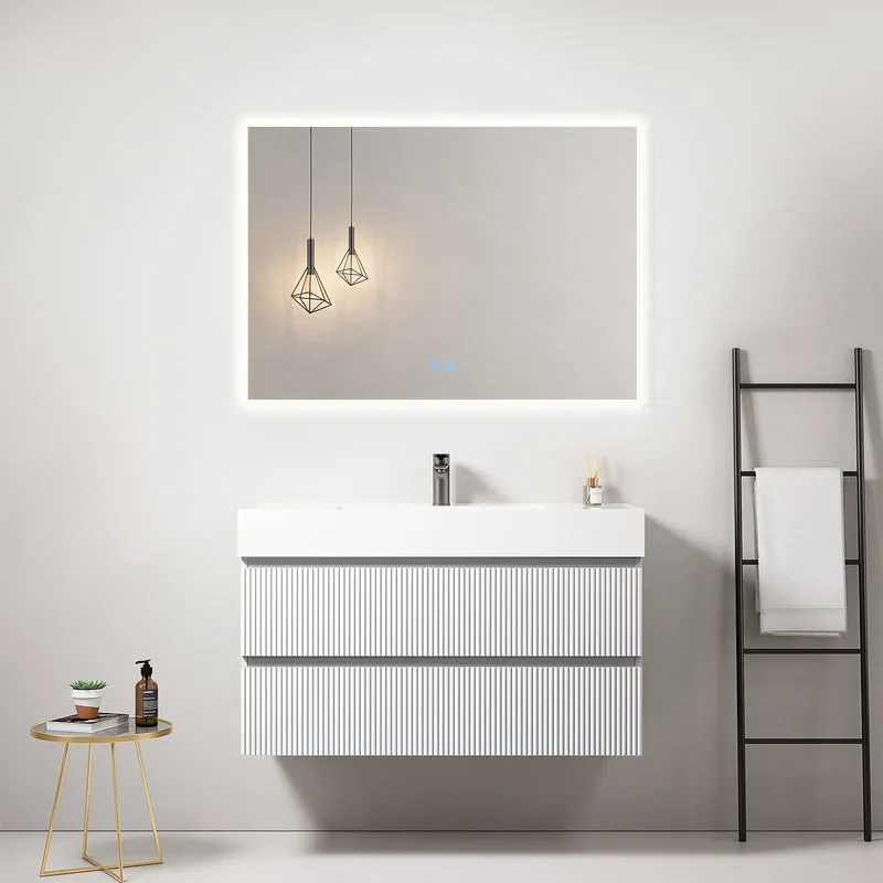 Mobile bagno sospeso cannettato 100 cm Bianco Lavabo in Resina Specchio Quadro Retroilluminato - Fiji Paint