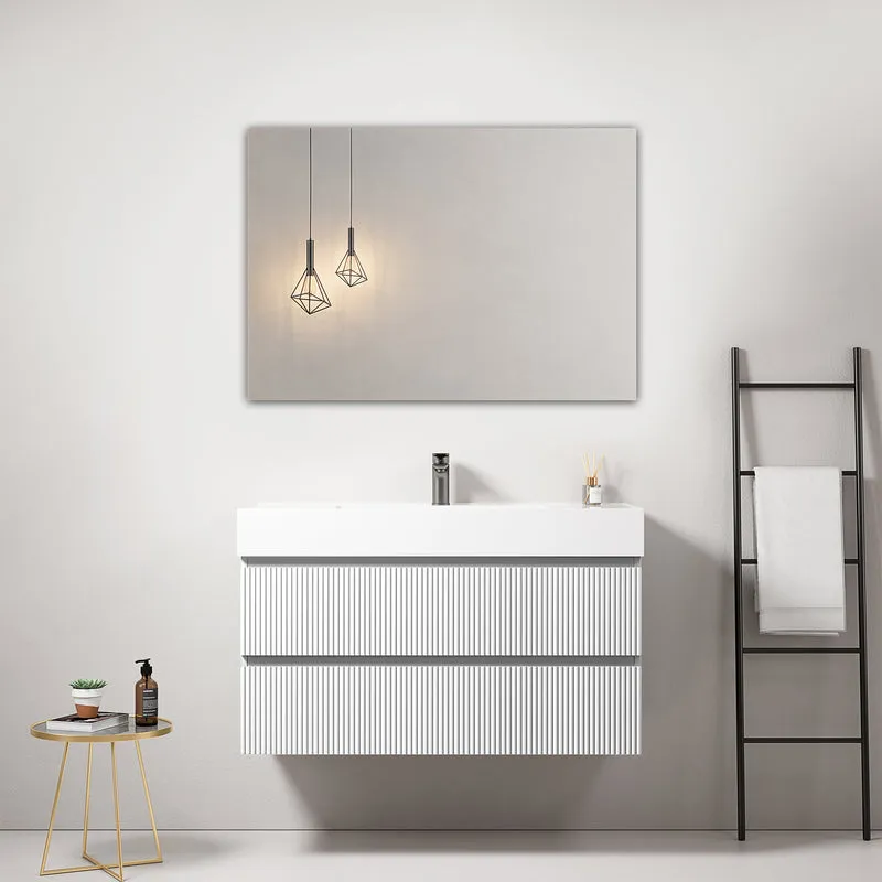 Mobile bagno sospeso cannettato 100 cm Bianco Lavabo in Resina Specchio Quadro - Fiji Paint
