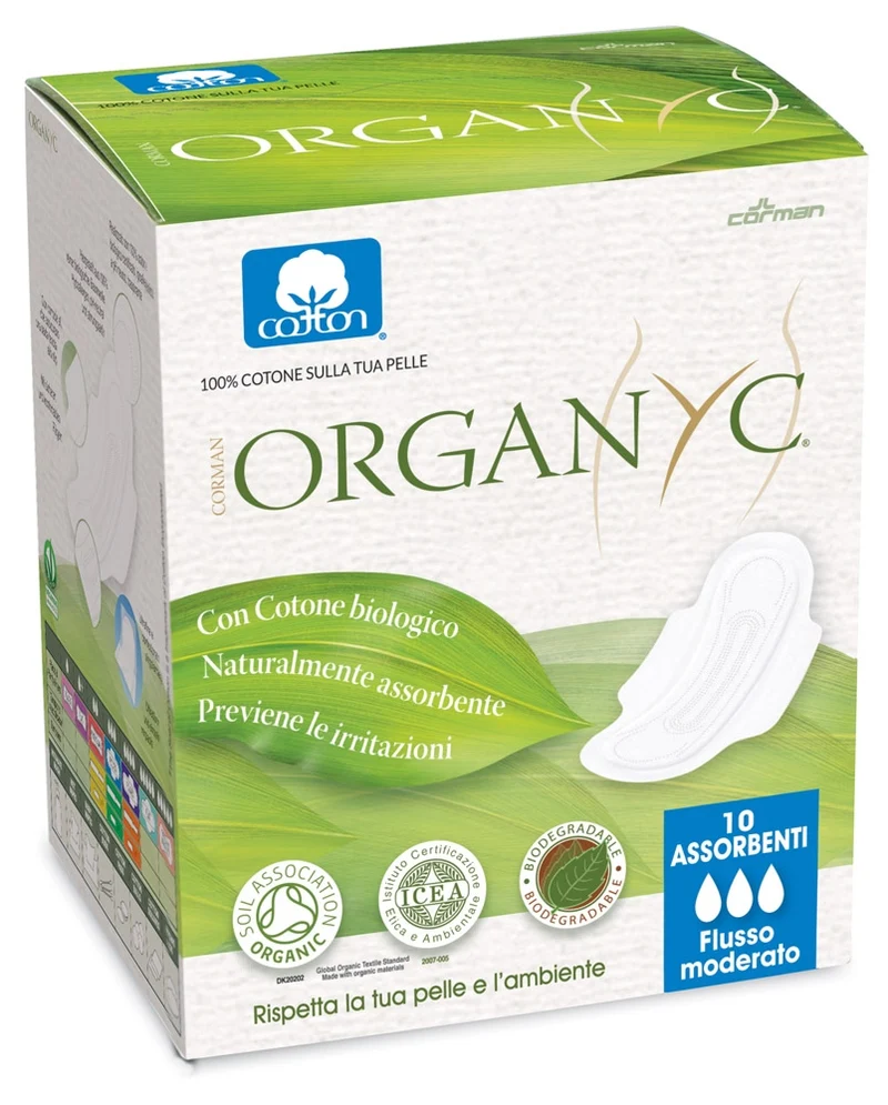 Assorbenti giorno in cotone bio con ali ripiegati (flusso moderato) – 10 Pz