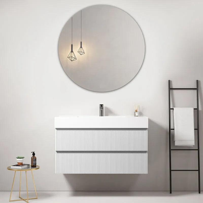 Mobile bagno sospeso cannettato 100 cm Bianco Lavabo in Resina Specchio Tondo - Fiji Paint