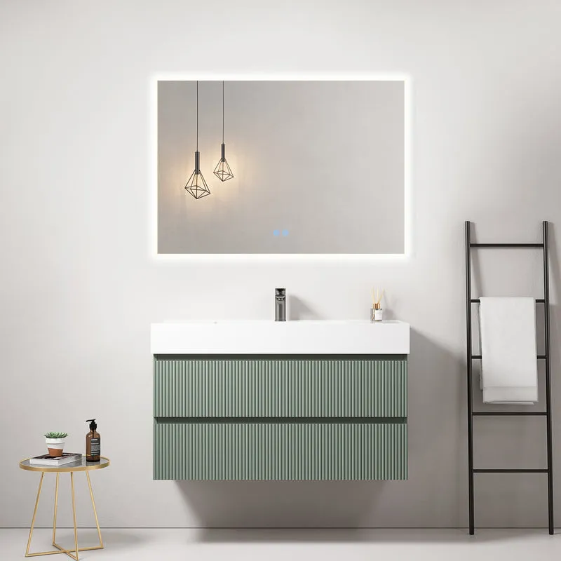 Mobile bagno sospeso cannettato 100 cm Verde Salvia Lavabo in Resina Specchio Quadro Retroilluminato - Fiji Paint