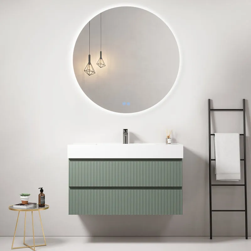 Mobile bagno sospeso cannettato 100 cm Verde Salvia Lavabo in Resina Specchio Tondo Retroilluminato - Fiji Paint