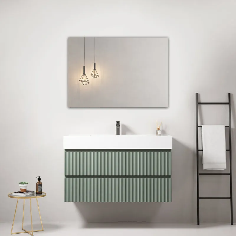 Mobile bagno sospeso cannettato 100 cm Verde Salvia Lavabo in Resina Specchio Quadro - Fiji Paint