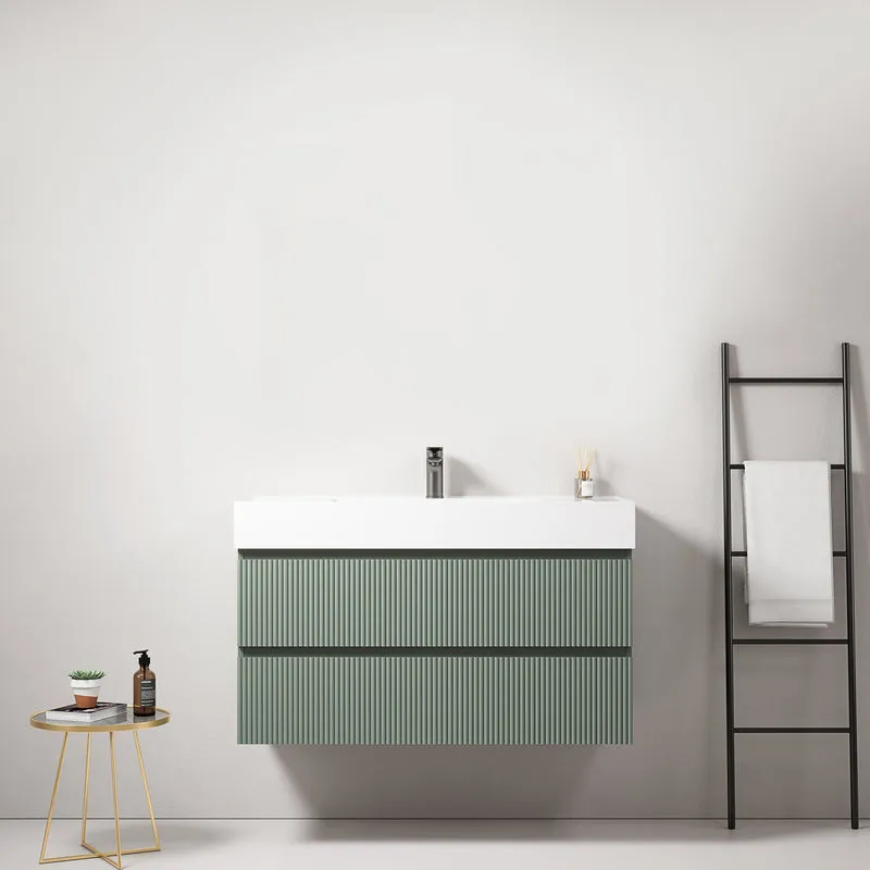 Mobile bagno sospeso cannettato 100 cm Verde Salvia Lavabo in Resina Senza Specchio - Fiji Paint