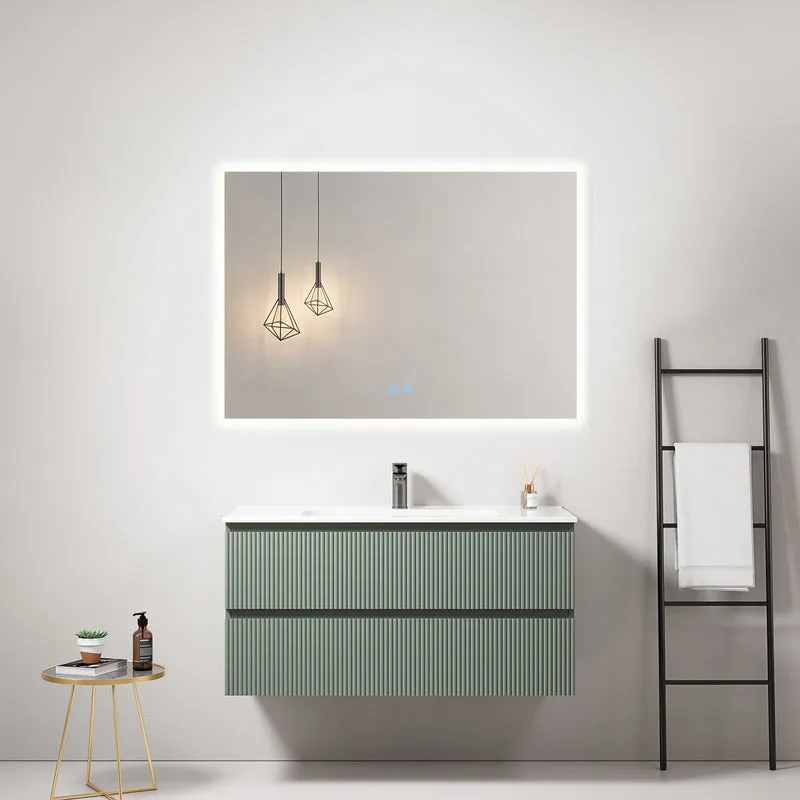 Mobile bagno sospeso cannettato 100 cm Verde Salvia Lavabo in Ceramica Specchio Quadro Retroilluminato - Fiji Paint