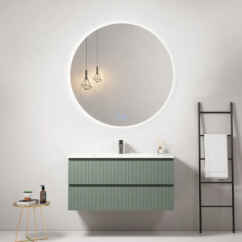 Mobile bagno sospeso cannettato 100 cm Verde Salvia Lavabo in Ceramica Specchio Tondo Retroilluminato - Fiji Paint
