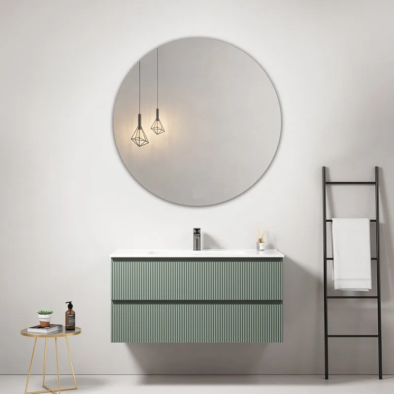 Mobile bagno sospeso cannettato 100 cm Verde Salvia Lavabo in Ceramica Specchio Tondo - Fiji Paint
