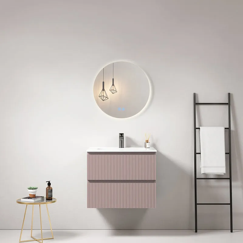 Mobile bagno sospeso cannettato 60 cm Rosa Retro Lavabo in Ceramica Specchio Tondo Retroilluminato - Fiji Paint