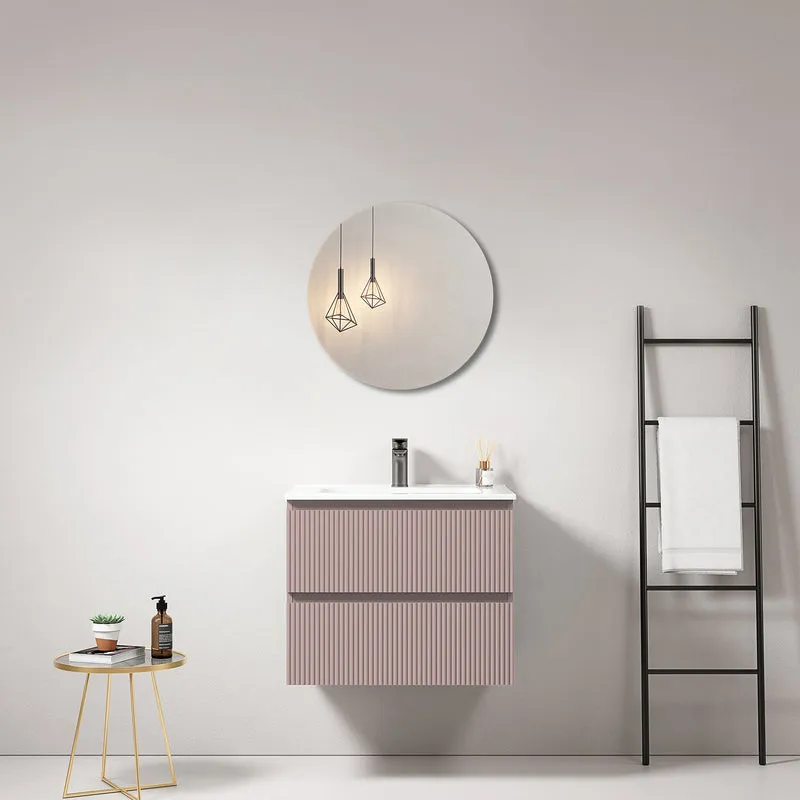 Mobile bagno sospeso cannettato 60 cm Rosa Retro Lavabo in Ceramica Specchio Tondo - Fiji Paint