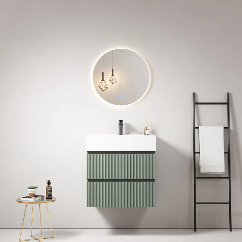 Mobile bagno sospeso cannettato 60 cm Verde Salvia Lavabo in Resina Specchio Tondo Retroilluminato - Fiji Paint