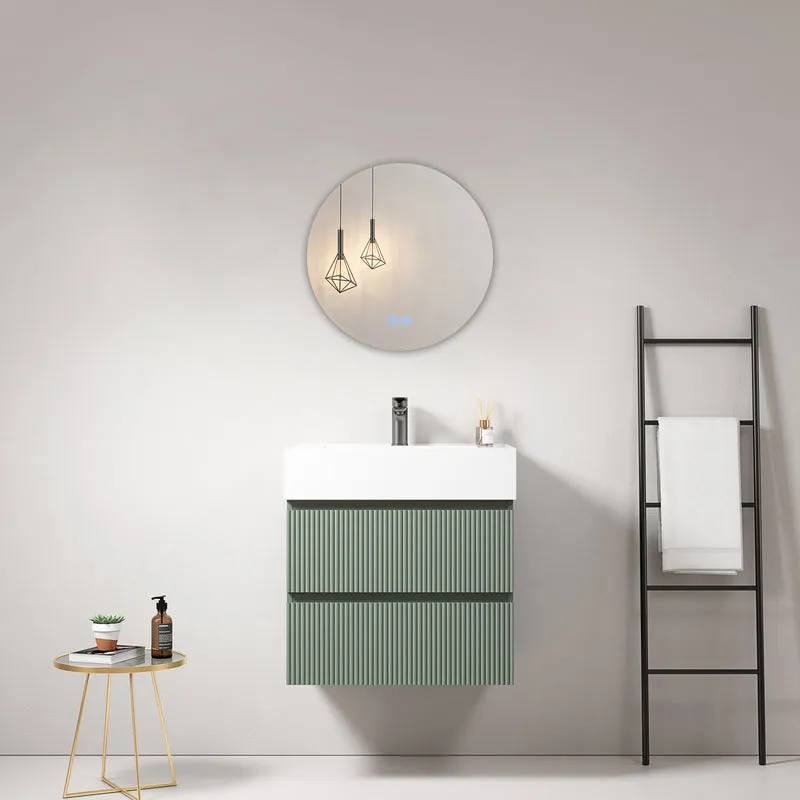 Mobile bagno sospeso cannettato 60 cm Verde Salvia Lavabo in Resina Specchio Tondo - Fiji Paint