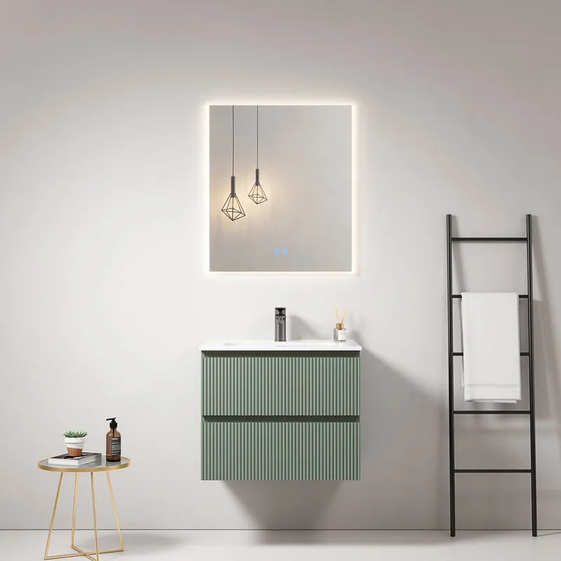 Mobile bagno sospeso cannettato 60 cm Verde Salvia Lavabo in Ceramica Specchio Quadro Retroilluminato - Fiji Paint
