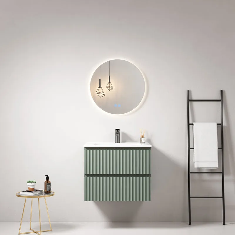 Mobile bagno sospeso cannettato 60 cm Verde Salvia Lavabo in Ceramica Specchio Tondo Retroilluminato - Fiji Paint