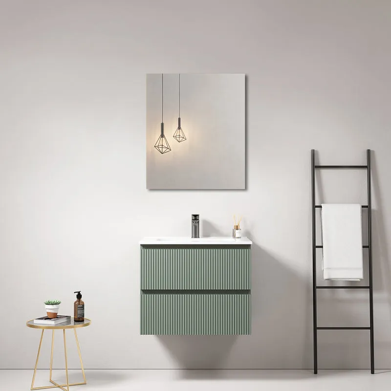 Mobile bagno sospeso cannettato 60 cm Verde Salvia Lavabo in Ceramica Specchio Quadro - Fiji Paint