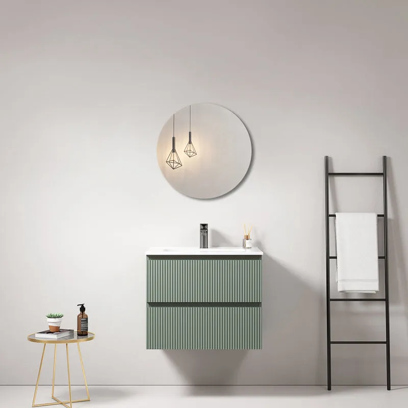 Mobile bagno sospeso cannettato 60 cm Verde Salvia Lavabo in Ceramica Specchio Tondo - Fiji Paint