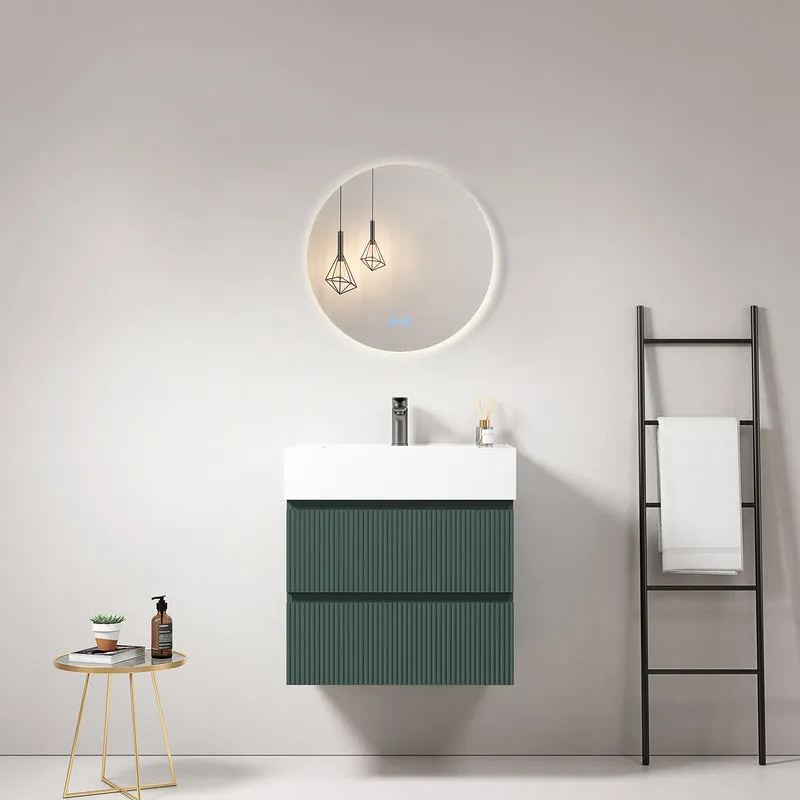 Mobile bagno sospeso cannettato 60 cm Verde Comodoro Lavabo in Resina Specchio Tondo Retroilluminato - Fiji Paint