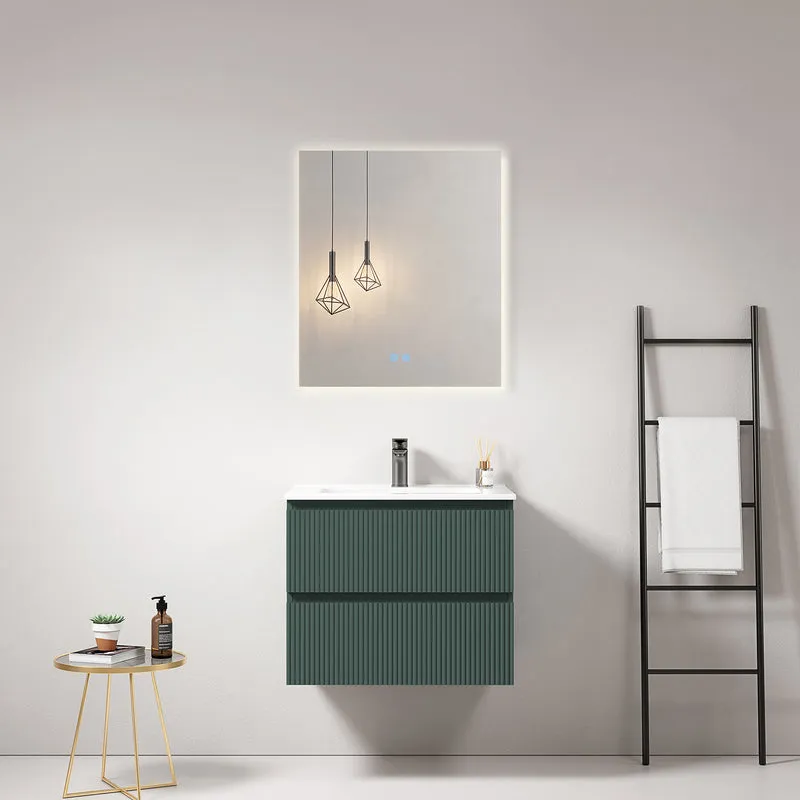 Mobile bagno sospeso cannettato 60 cm Verde Comodoro Lavabo in Ceramica Specchio Quadro Retroilluminato - Fiji Paint