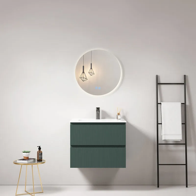 Mobile bagno sospeso cannettato 60 cm Verde Comodoro Lavabo in Ceramica Specchio Tondo Retroilluminato - Fiji Paint