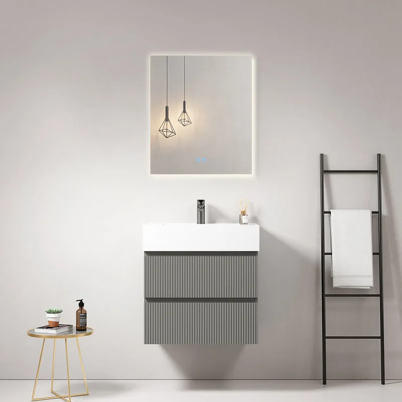 Mobile bagno sospeso cannettato 60 cm Grigio Londra Lavabo in Resina Specchio Quadro Retroilluminato - Fiji Paint
