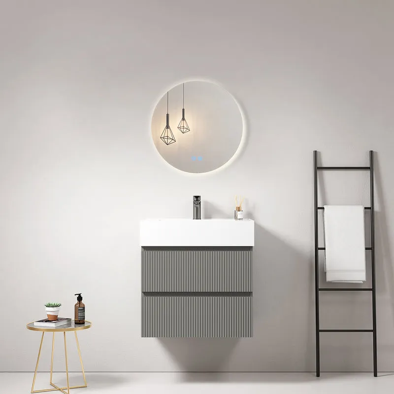 Mobile bagno sospeso cannettato 60 cm Grigio Londra Lavabo in Resina Specchio Tondo Retroilluminato - Fiji Paint