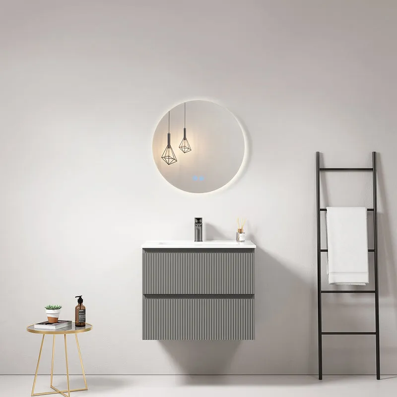 Mobile bagno sospeso cannettato 60 cm Grigio Londra Lavabo in Ceramica Specchio Tondo Retroilluminato - Fiji Paint