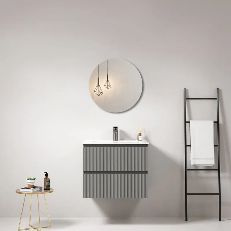 Mobile bagno sospeso cannettato 60 cm Grigio Londra Lavabo in Ceramica Specchio Tondo - Fiji Paint