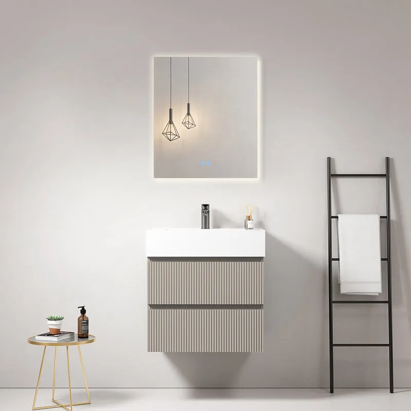 Mobile bagno sospeso cannettato 60 cm Grigio Cenere Lavabo in Resina Specchio Quadro Retroilluminato - Fiji Paint