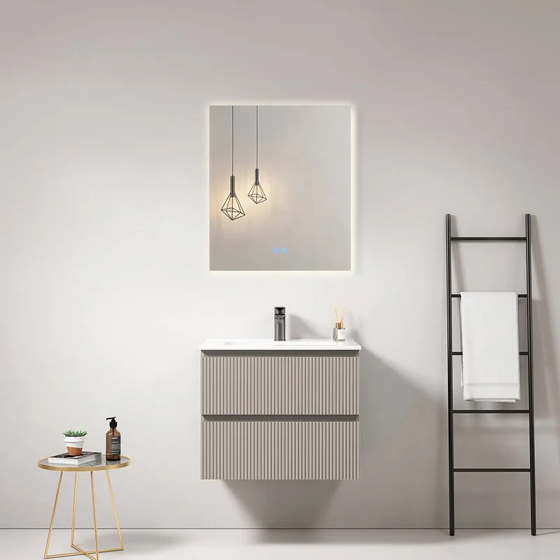 Mobile bagno sospeso cannettato 60 cm Grigio Cenere Lavabo in Ceramica Specchio Quadro Retroilluminato - Fiji Paint