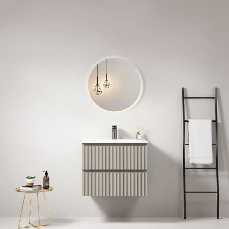 Mobile bagno sospeso cannettato 60 cm Grigio Cenere Lavabo in Ceramica Specchio Tondo Retroilluminato - Fiji Paint