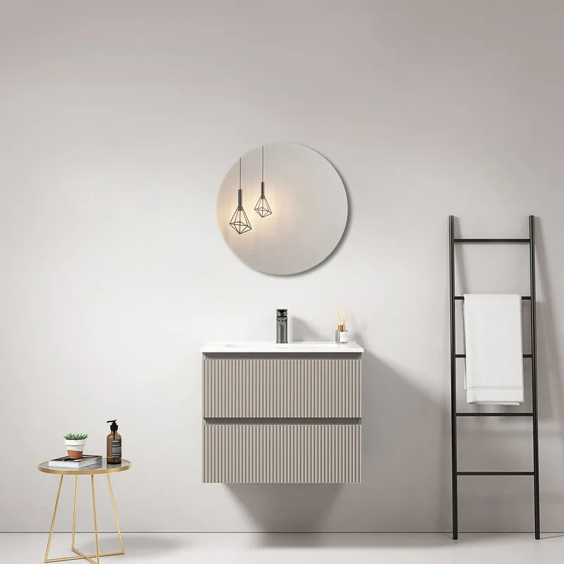 Mobile bagno sospeso cannettato 60 cm Grigio Cenere Lavabo in Ceramica Specchio Tondo - Fiji Paint