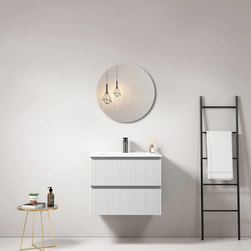 Mobile bagno sospeso cannettato 60 cm Bianco Lavabo in Ceramica Specchio Tondo - Fiji Paint