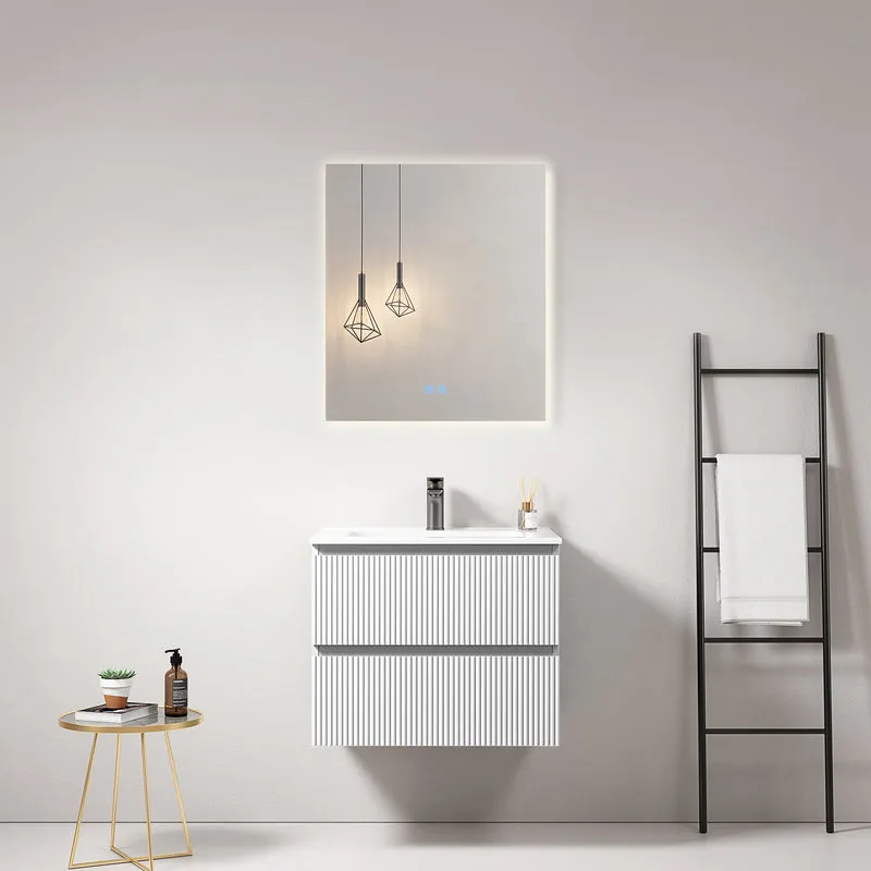 Mobile bagno sospeso cannettato 60 cm Bianco Lavabo in Ceramica Specchio Quadro Retroilluminato - Fiji Paint